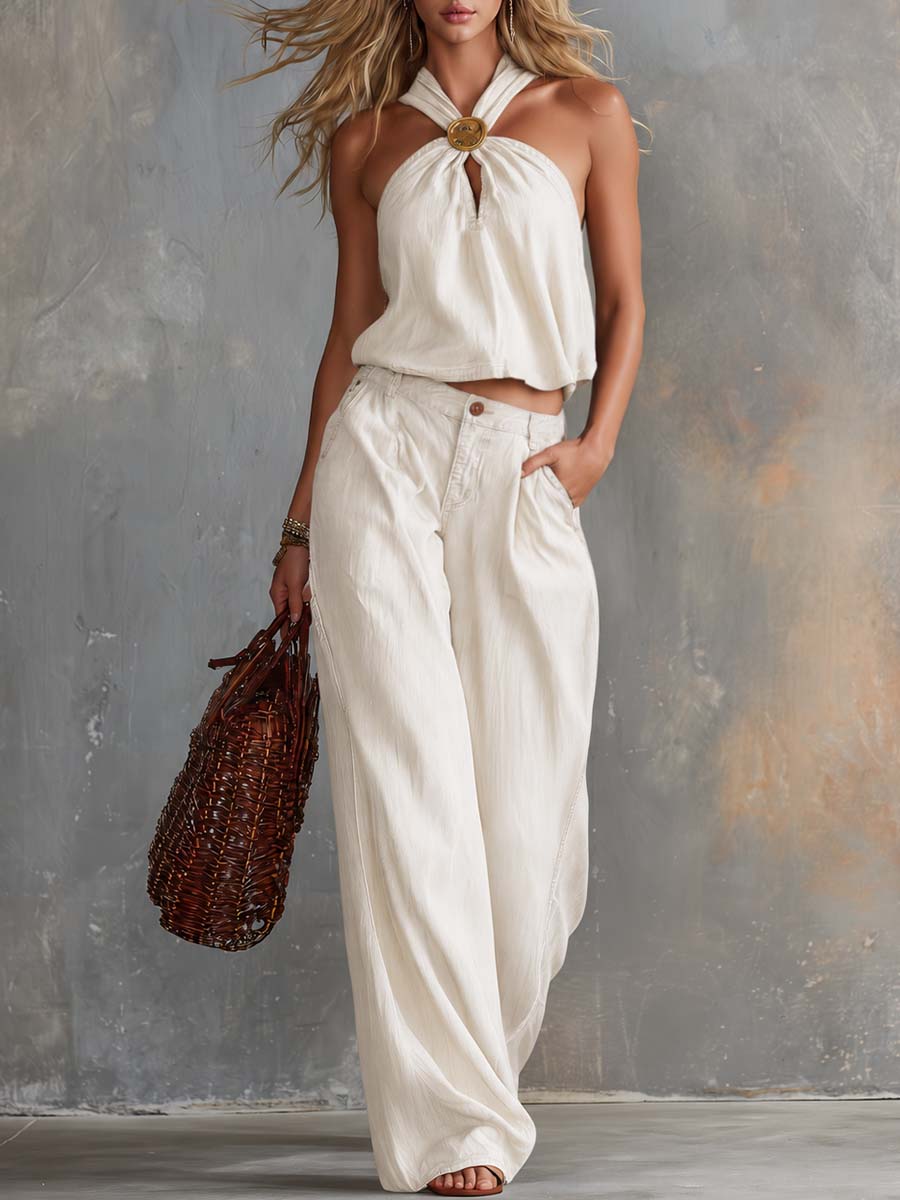Retro Casual Elegant Off-White Denim Halter Top And Pants Set