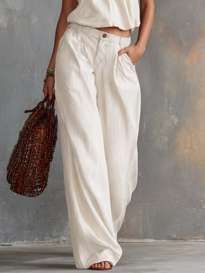 Retro Casual Elegant Off-White Denim Halter Top And Pants Set