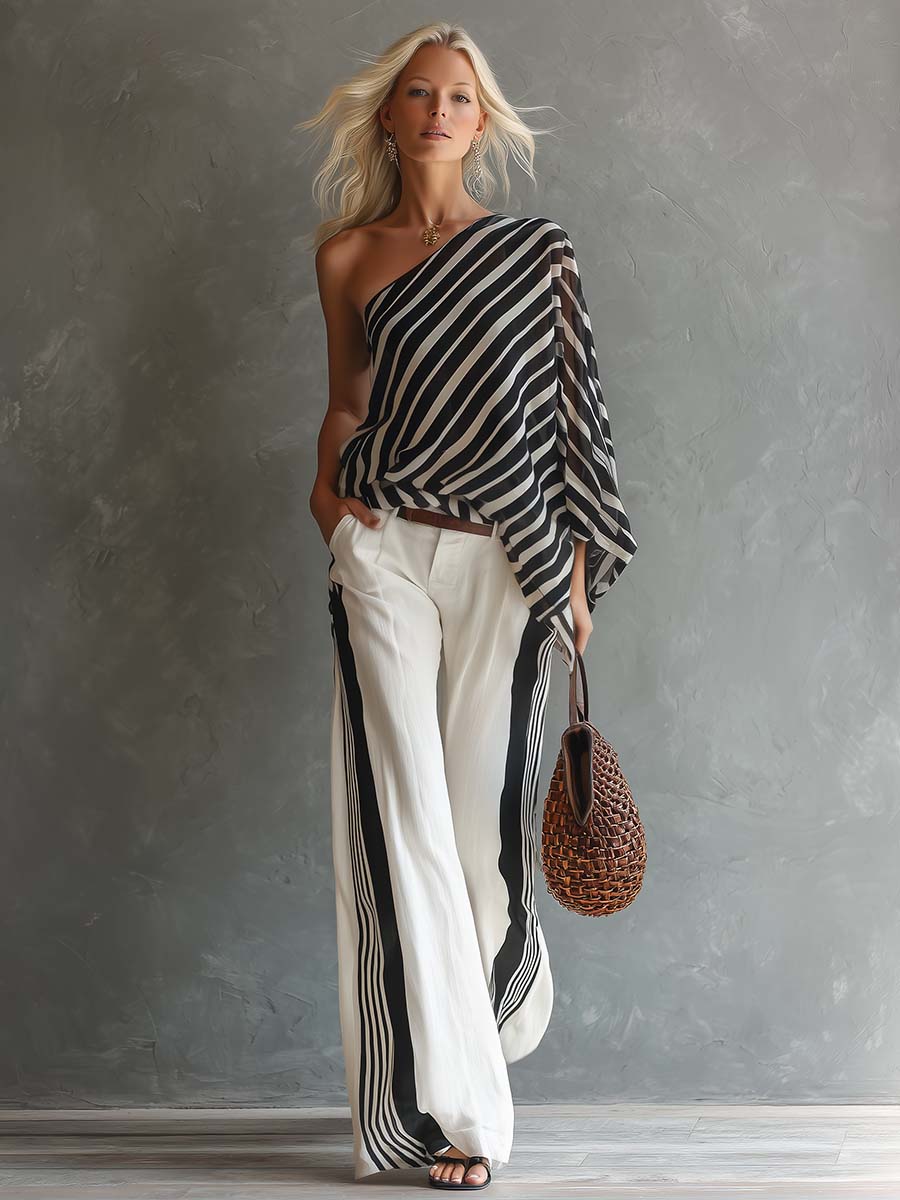 Casual Fashion One-Shoulder Striped Top And Pants Set