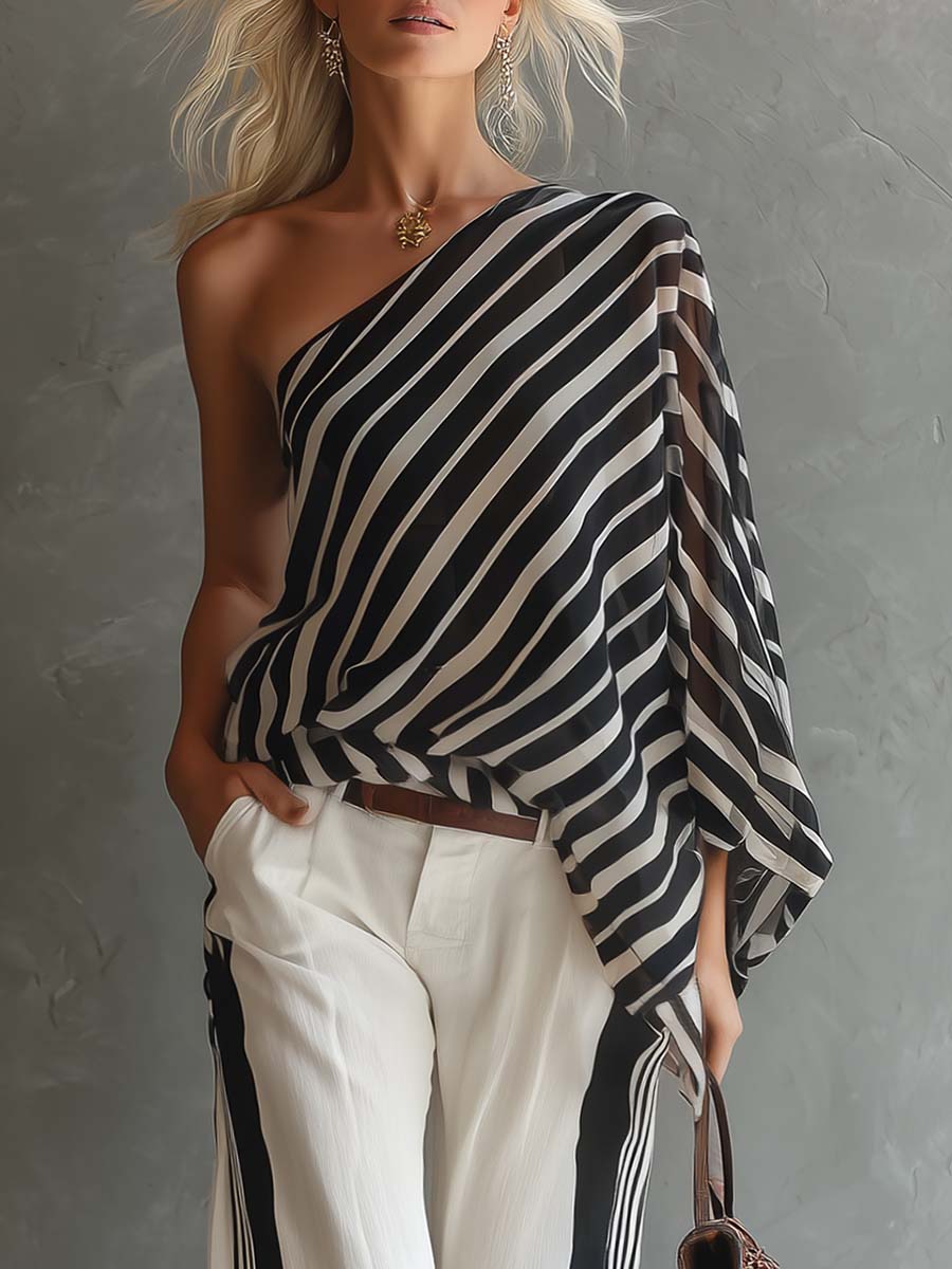 Casual Fashion One-Shoulder Striped Top And Pants Set