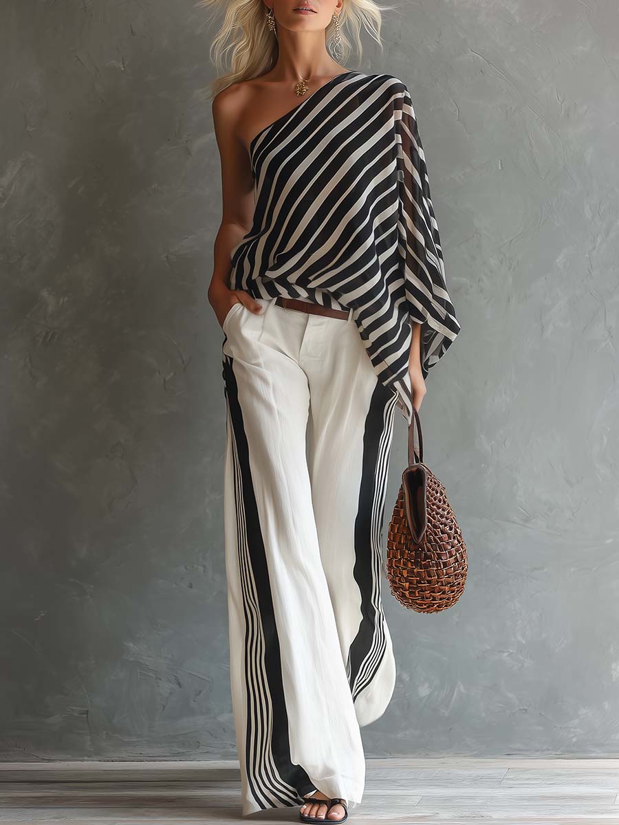 Casual Fashion One-Shoulder Striped Top And Pants Set