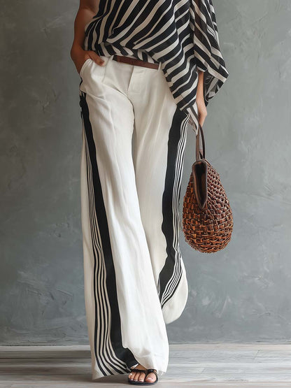 Casual Fashion One-Shoulder Striped Top And Pants Set
