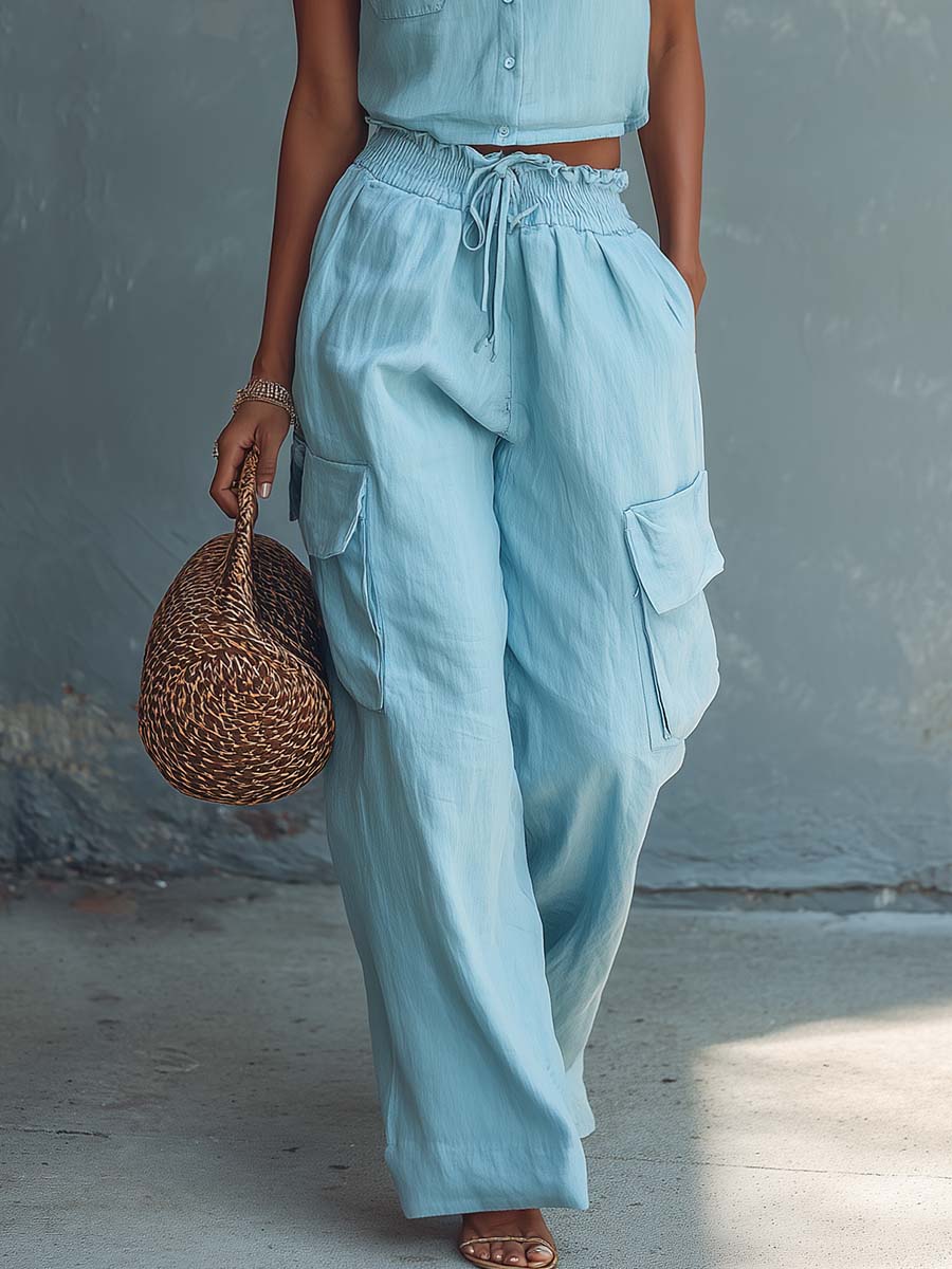 Casual Fashion Light Blue Cotton-Linen Crew-Neck Top And Wide-Leg Pants Set