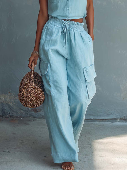 Casual Fashion Light Blue Cotton-Linen Crew-Neck Top And Wide-Leg Pants Set