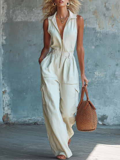 Casual Fashion Lapel Front Zipper White Cotton-Linen Jumpsuit