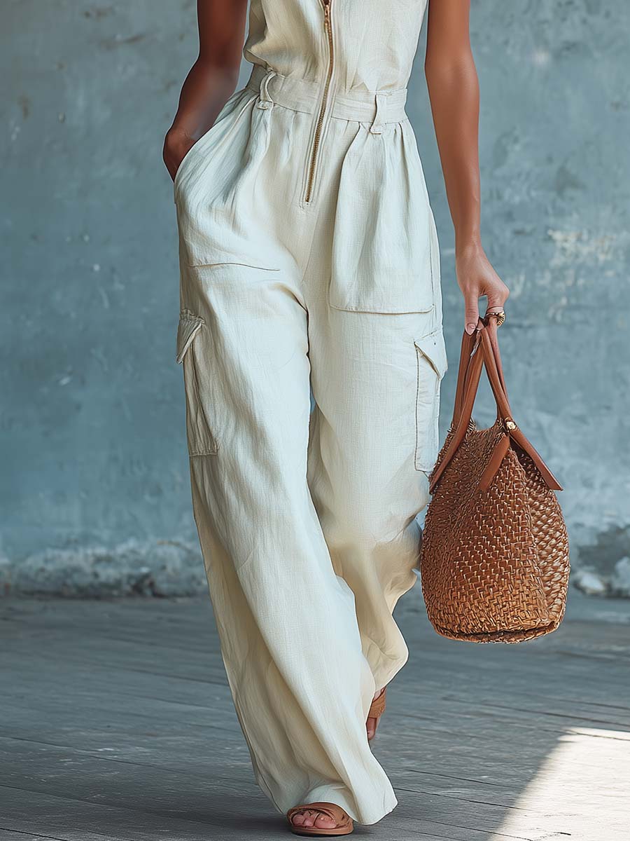 Casual Fashion Lapel Front Zipper White Cotton-Linen Jumpsuit
