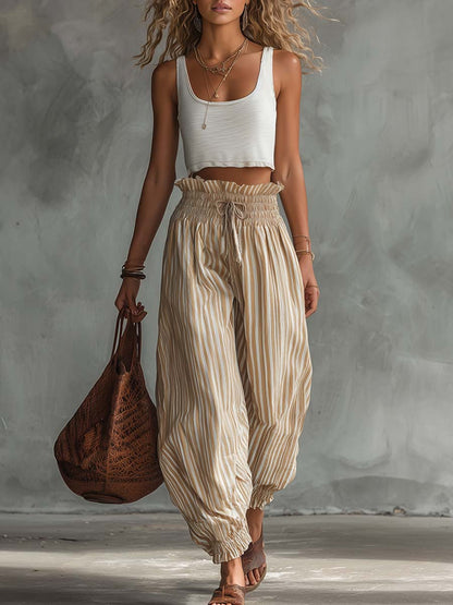Casual Fashion Retro White Tank Top And Light Brown Striped Lantern Pants Set