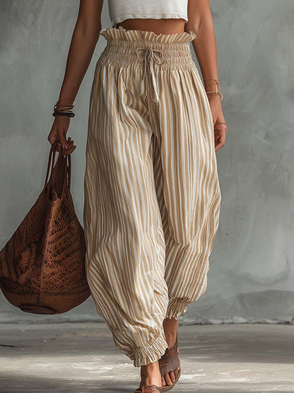 Casual Fashion Retro White Tank Top And Light Brown Striped Lantern Pants Set