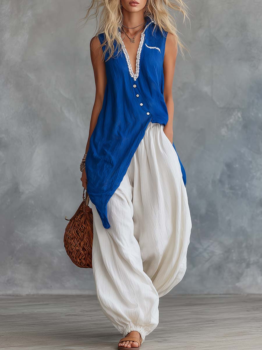 Retro-Casual Vacation Royal Blue Cotton-Linen V-Neck Top And White Pants Set