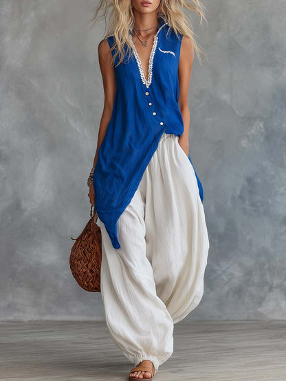 Retro-Casual Vacation Royal Blue Cotton-Linen V-Neck Top And White Pants Set