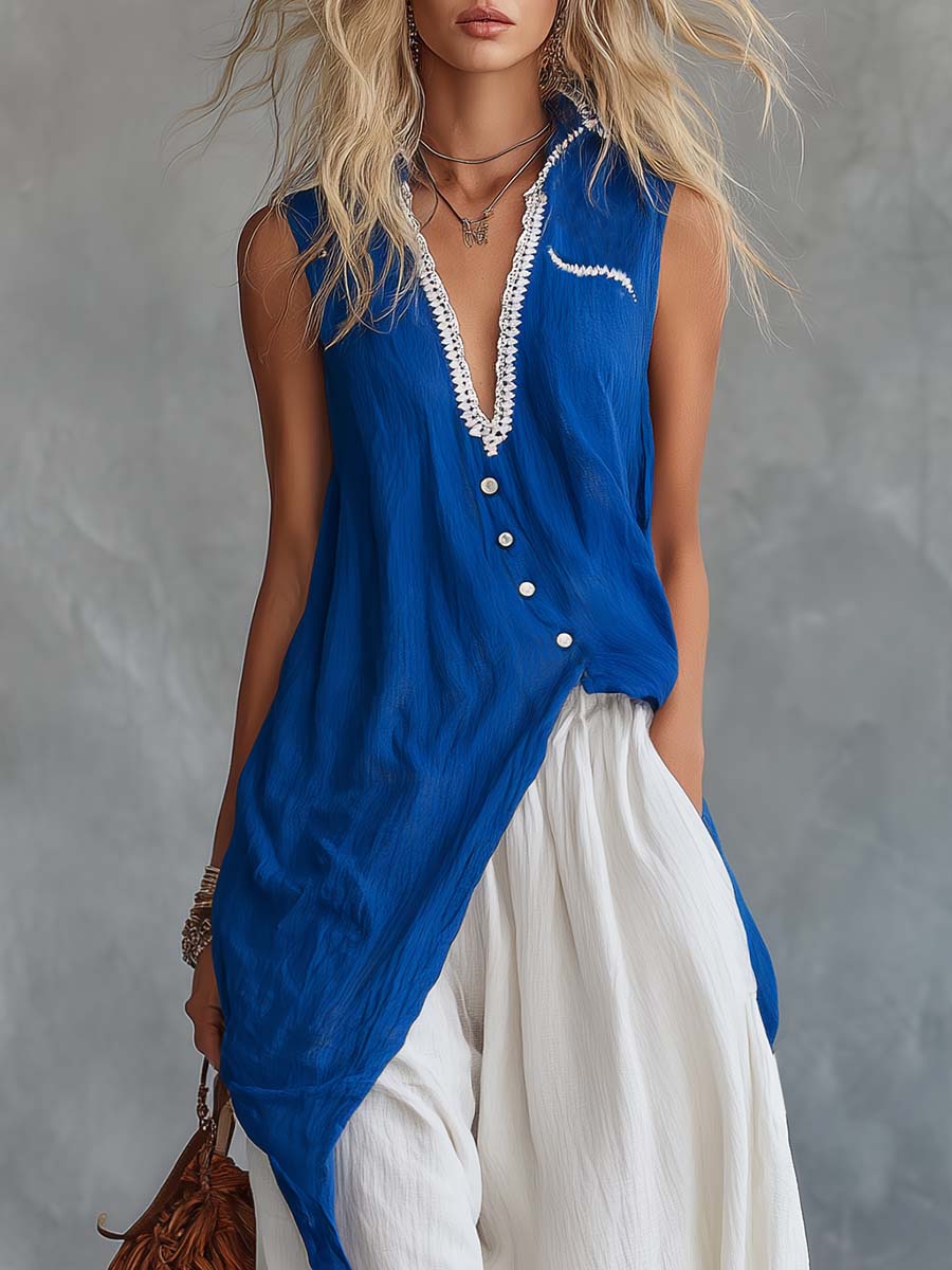 Retro-Casual Vacation Royal Blue Cotton-Linen V-Neck Top And White Pants Set