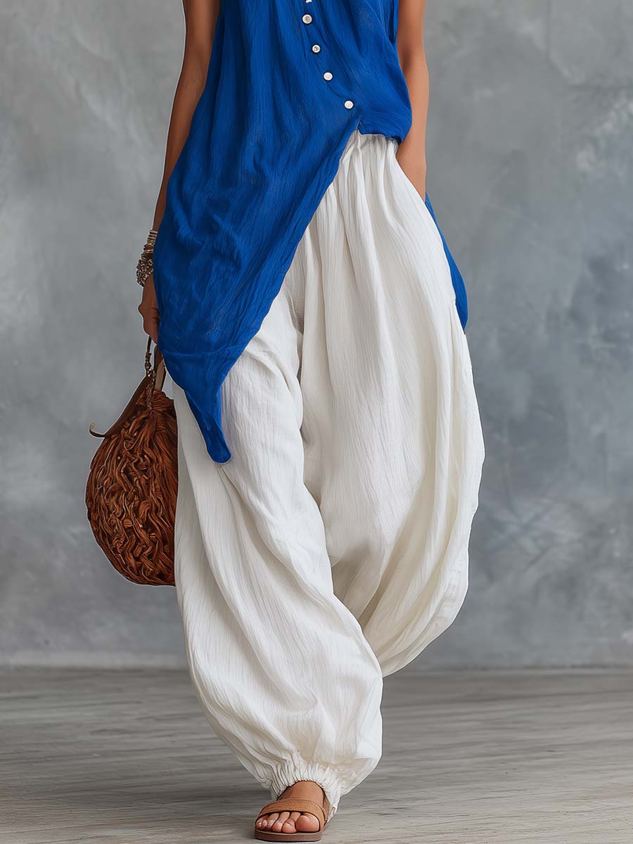 Retro-Casual Vacation Royal Blue Cotton-Linen V-Neck Top And White Pants Set