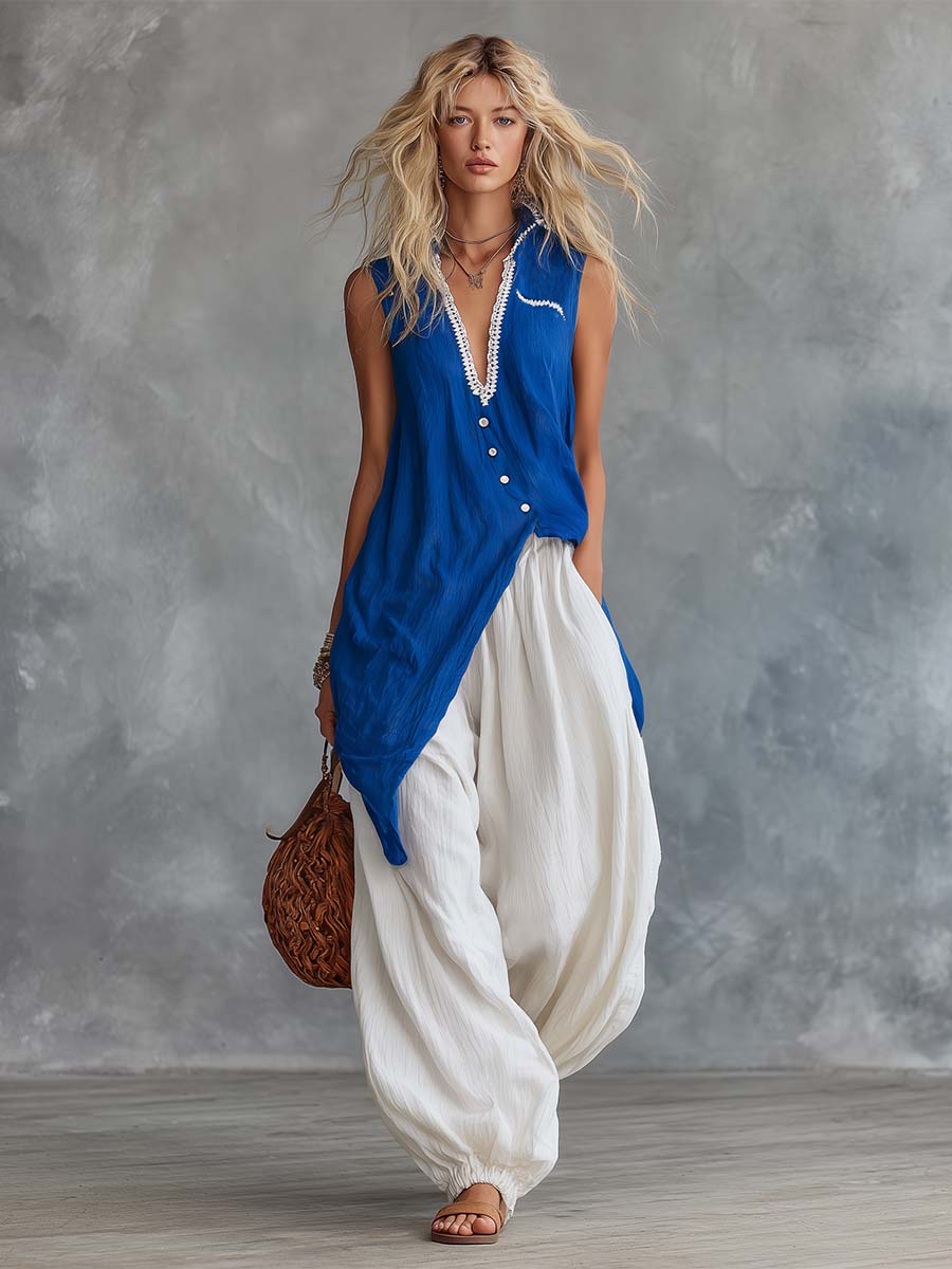 Retro-Casual Vacation Royal Blue Cotton-Linen V-Neck Top And White Pants Set