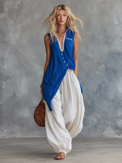 Retro-Casual Vacation Royal Blue Cotton-Linen V-Neck Top And White Pants Set