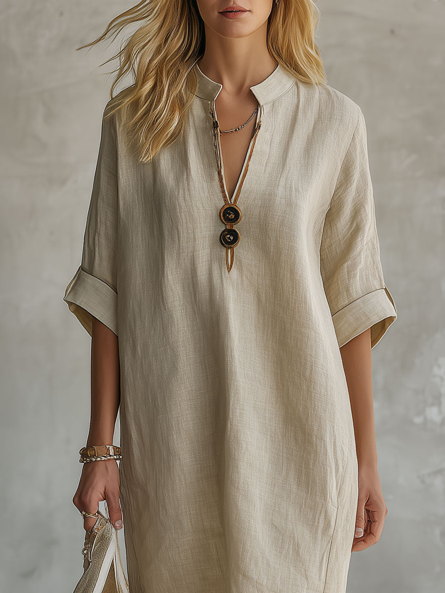 Casual Retro Light Khaki Five-sleeve Button Cotton And Linen Midi Dress