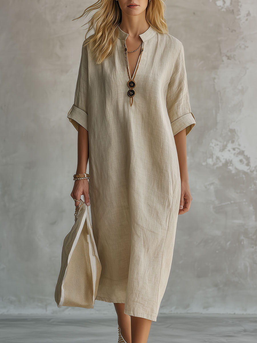 Casual Retro Light Khaki Five-sleeve Button Cotton And Linen Midi Dress