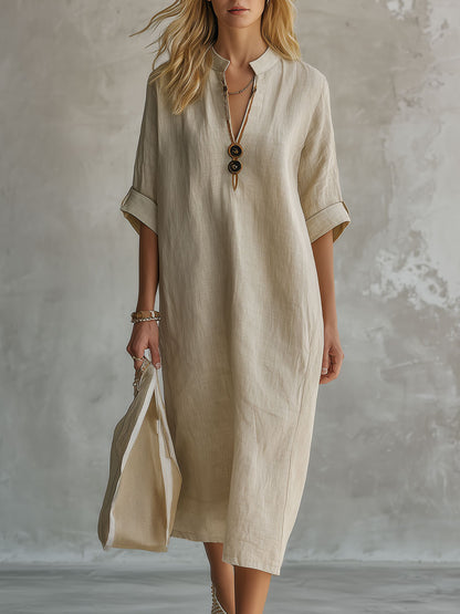 Casual Retro Light Khaki Five-sleeve Button Cotton And Linen Midi Dress
