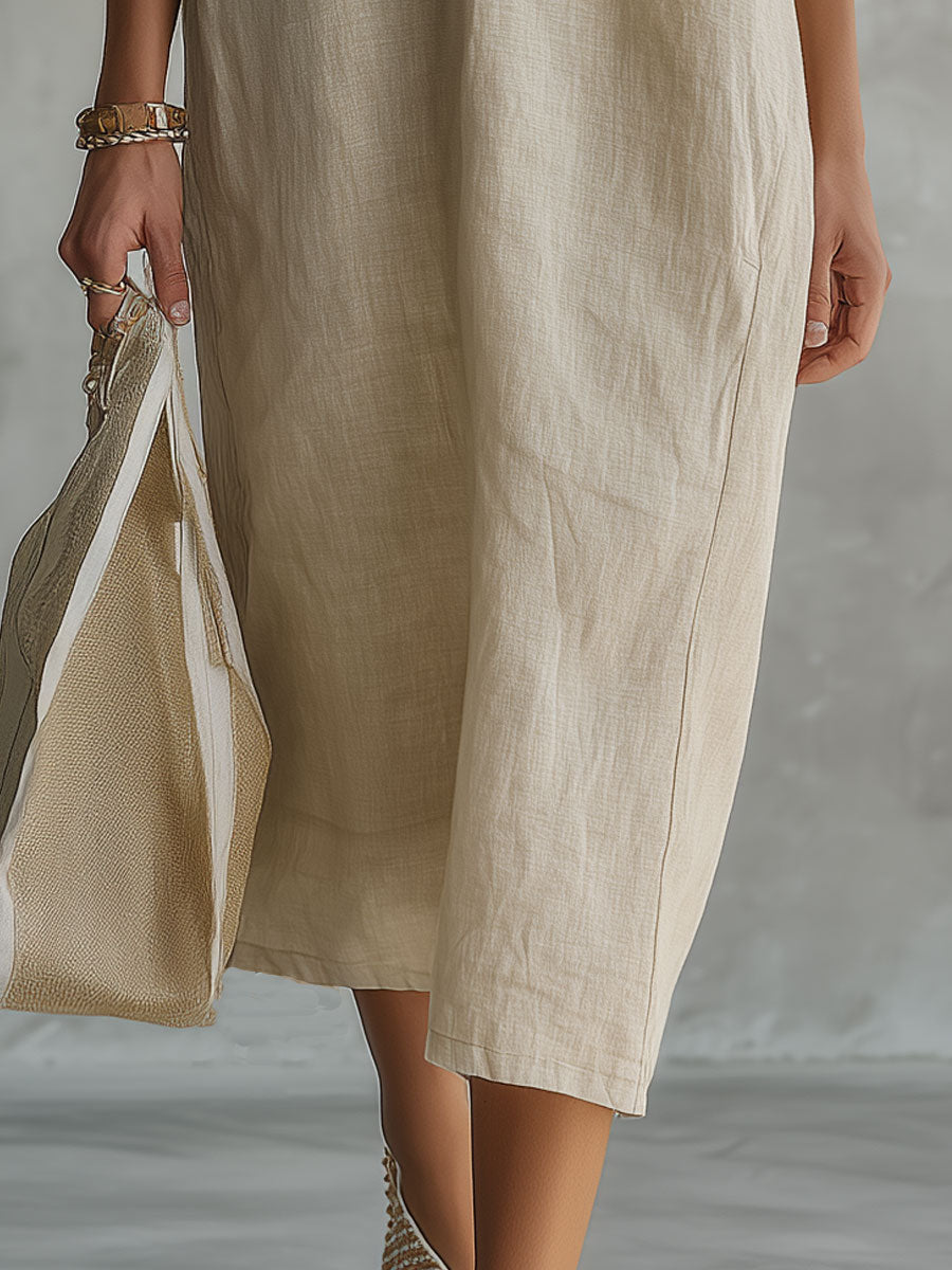 Casual Retro Light Khaki Five-sleeve Button Cotton And Linen Midi Dress