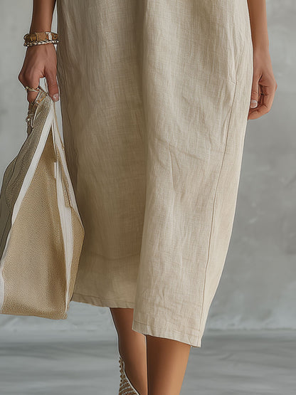 Casual Retro Light Khaki Five-sleeve Button Cotton And Linen Midi Dress