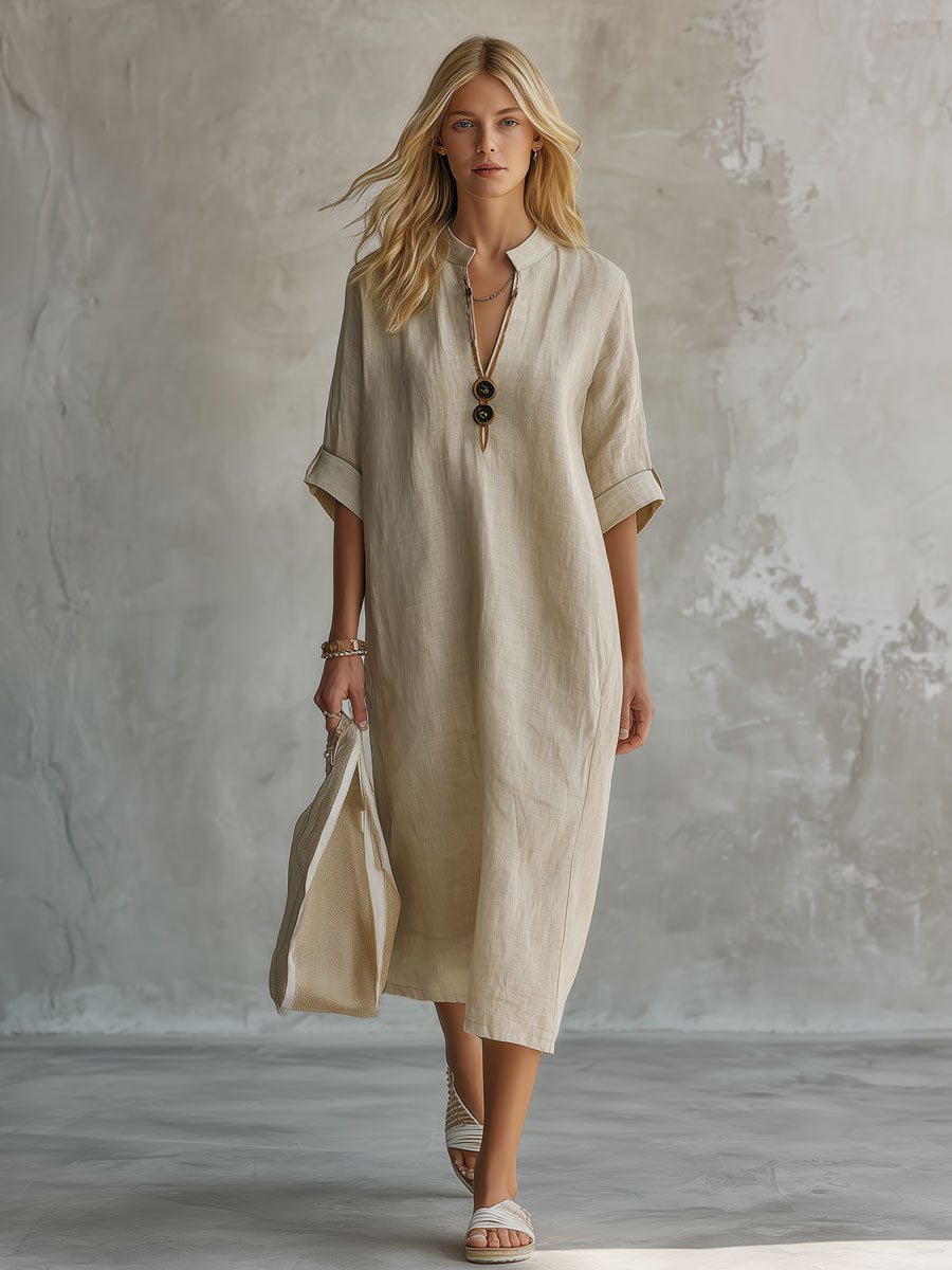 Casual Retro Light Khaki Five-sleeve Button Cotton And Linen Midi Dress