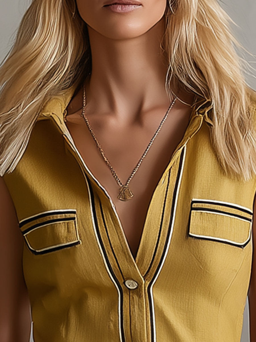 Casual Retro Color-blocked Ribbon Yellow Sleeveless Collared Cotton And Linen Mini Dress