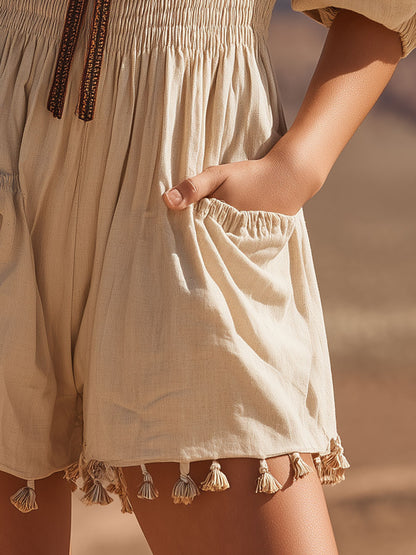 Western Retro Beige Short-Sleeve Off-Shoulder Tie-Waist Cotton Linen Shorts Jumpsuit