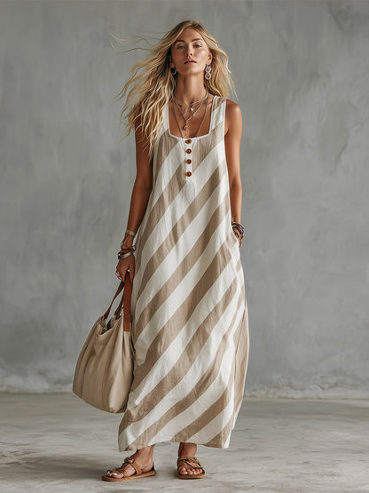 Retro Casual Beige Diagonal Stripe Print Square-Neck Cotton-Linen Maxi Dress