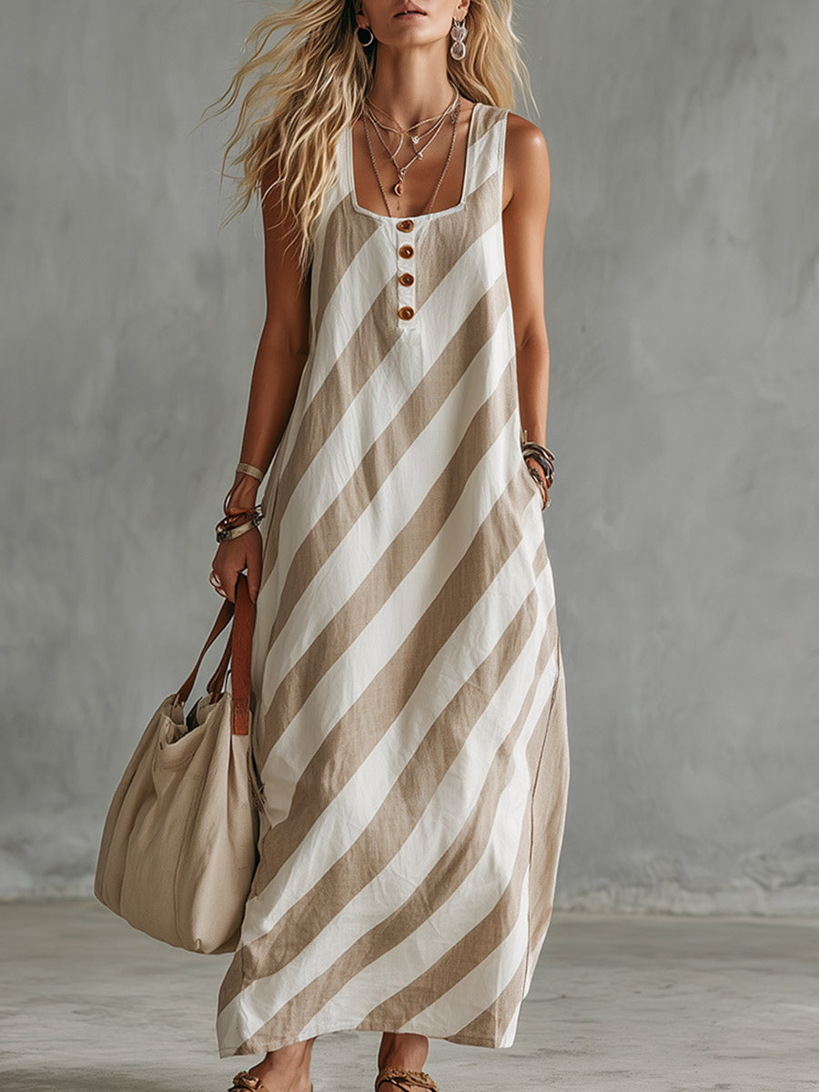 Retro Casual Beige Diagonal Stripe Print Square-Neck Cotton-Linen Maxi Dress