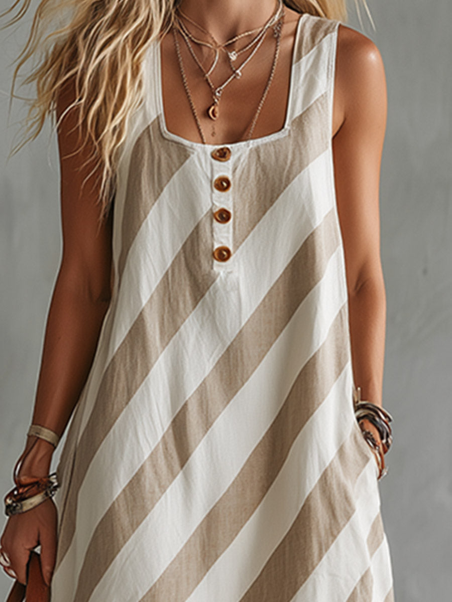 Retro Casual Beige Diagonal Stripe Print Square-Neck Cotton-Linen Maxi Dress