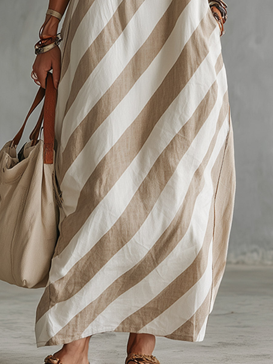 Retro Casual Beige Diagonal Stripe Print Square-Neck Cotton-Linen Maxi Dress