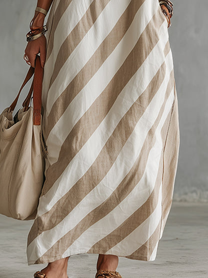 Retro Casual Beige Diagonal Stripe Print Square-Neck Cotton-Linen Maxi Dress
