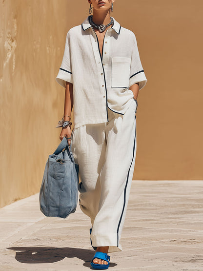 Casual Retro Black-trimmed White Cotton Linen Short-sleeved Shirt And Pants Set