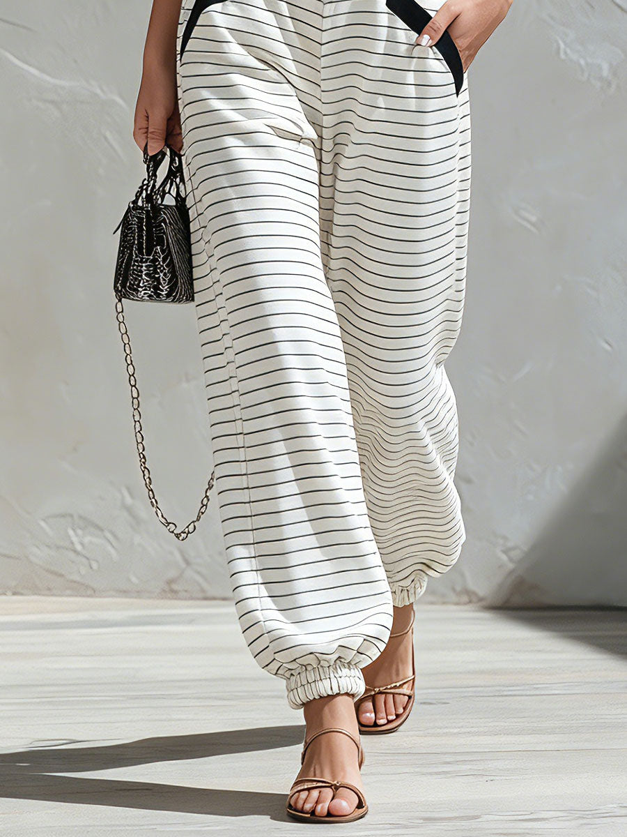Casual Retro Black And White Striped Sleeveless V-neck Zip-up Cotton Jumpsuit