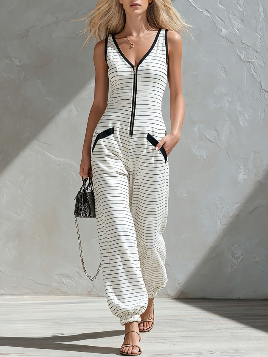 Casual Retro Black And White Striped Sleeveless V-neck Zip-up Cotton Jumpsuit