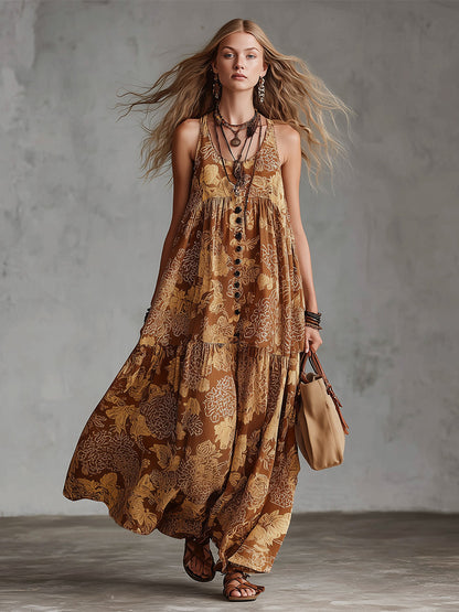 Retro Boho Brown Floral Print Cotton-Linen Maxi Dress