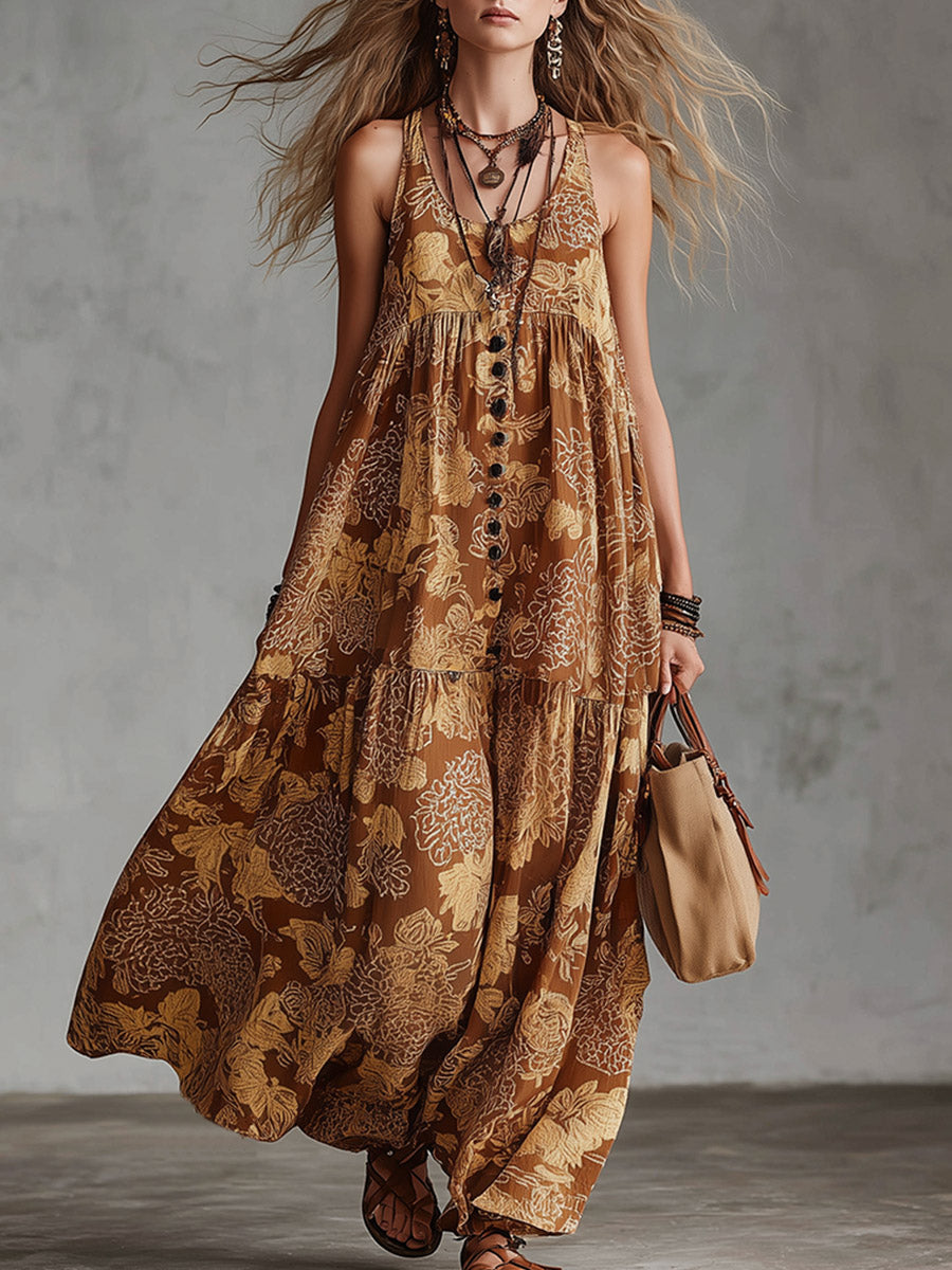 Retro Boho Brown Floral Print Cotton-Linen Maxi Dress