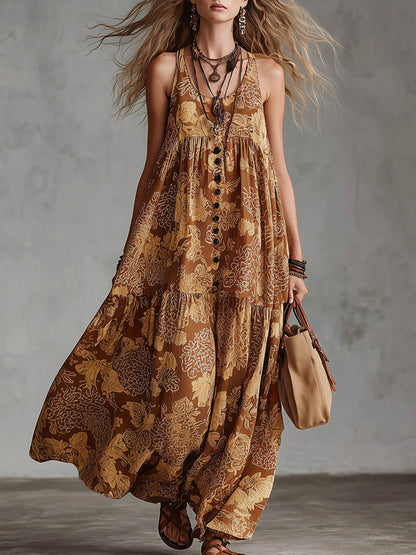 Retro Boho Brown Floral Print Cotton-Linen Maxi Dress