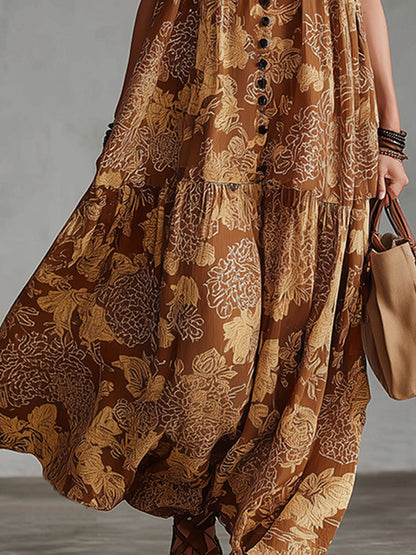 Retro Boho Brown Floral Print Cotton-Linen Maxi Dress