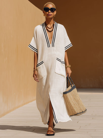 Casual Retro Black Striped White Cotton Linen Short-sleeved Maxi Dress
