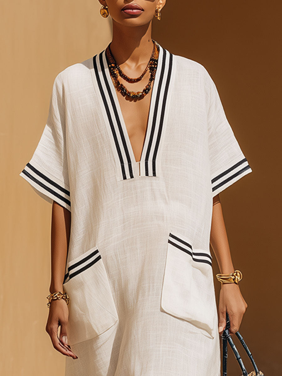 Casual Retro Black Striped White Cotton Linen Short-sleeved Maxi Dress