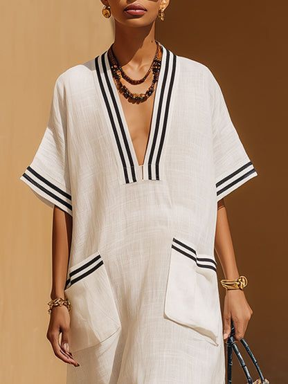 Casual Retro Black Striped White Cotton Linen Short-sleeved Maxi Dress