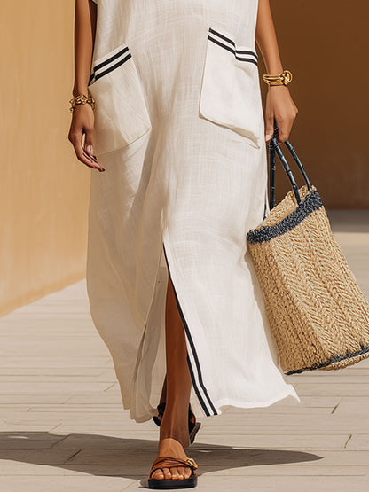 Casual Retro Black Striped White Cotton Linen Short-sleeved Maxi Dress