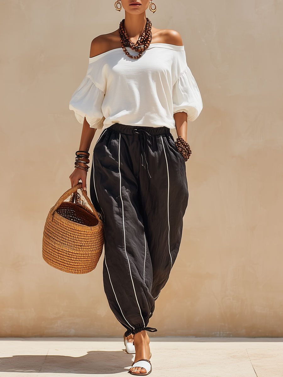 Casual Retro White Off-shoulder T-shirt And Black Striped Cotton-linen Pants Set