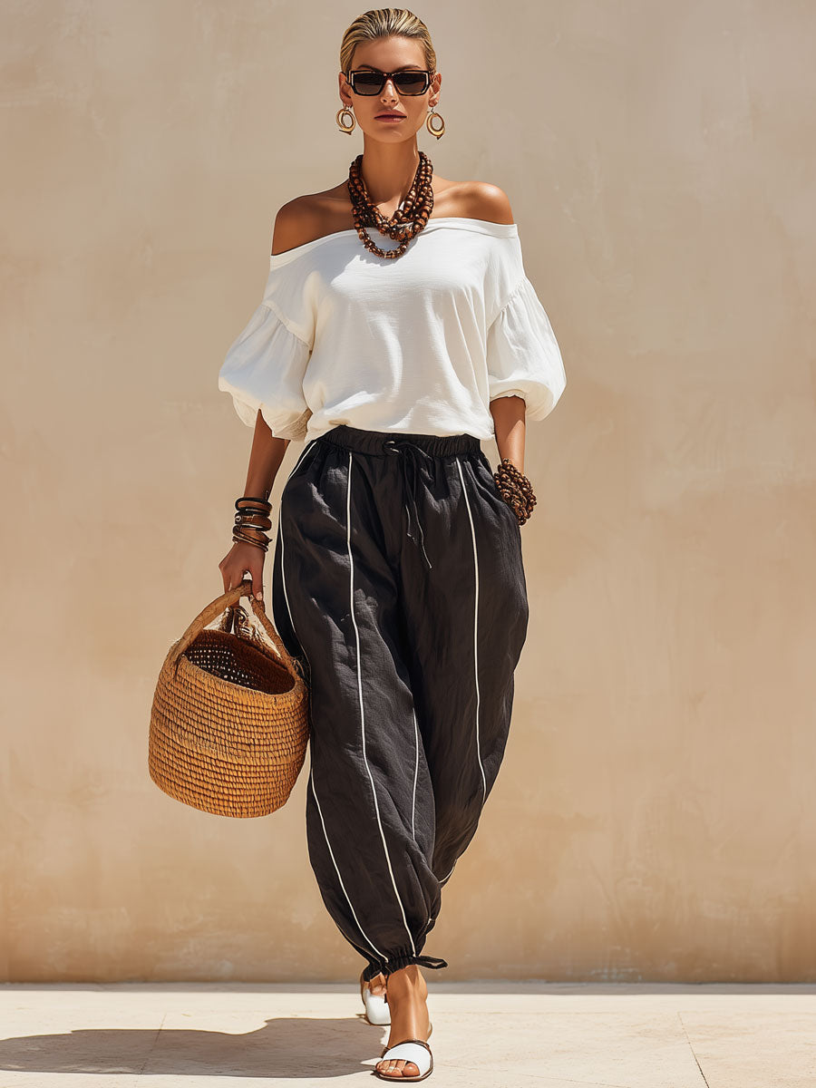 Casual Retro White Off-shoulder T-shirt And Black Striped Cotton-linen Pants Set