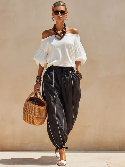 Casual Retro White Off-shoulder T-shirt And Black Striped Cotton-linen Pants Set