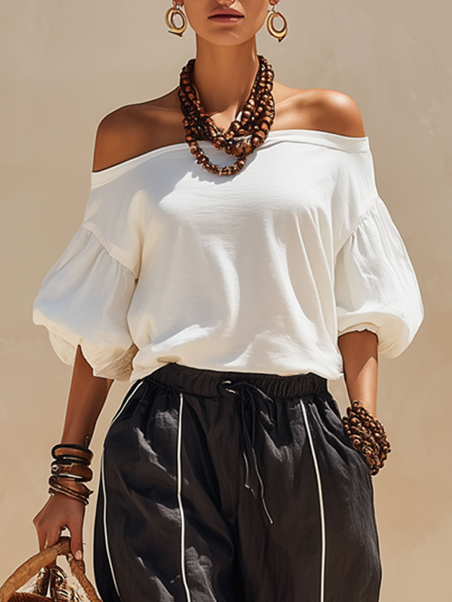 Casual Retro White Off-shoulder T-shirt And Black Striped Cotton-linen Pants Set