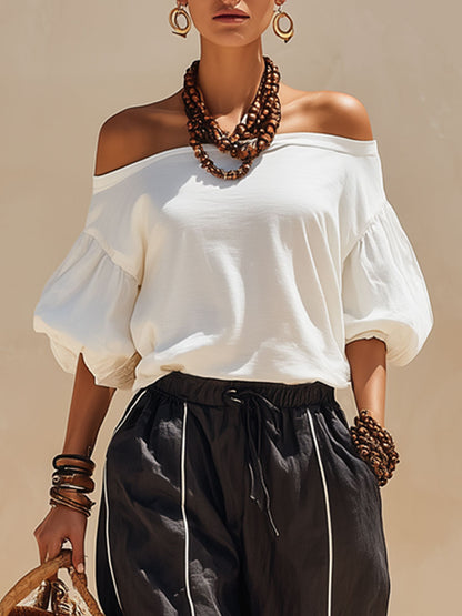 Casual Retro White Off-shoulder T-shirt And Black Striped Cotton-linen Pants Set