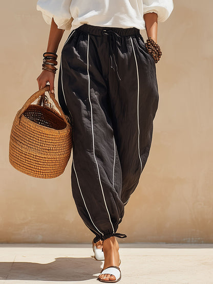 Casual Retro White Off-shoulder T-shirt And Black Striped Cotton-linen Pants Set