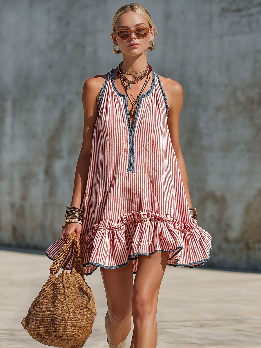 Casual Retro Ruffled Red And White Striped Cotton Linen Sleeveless