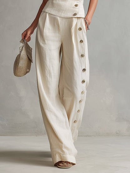 Urban Minimalist Off-White One-Shoulder Button-Detail Top &amp; Wide-Leg Linen Trousers Set